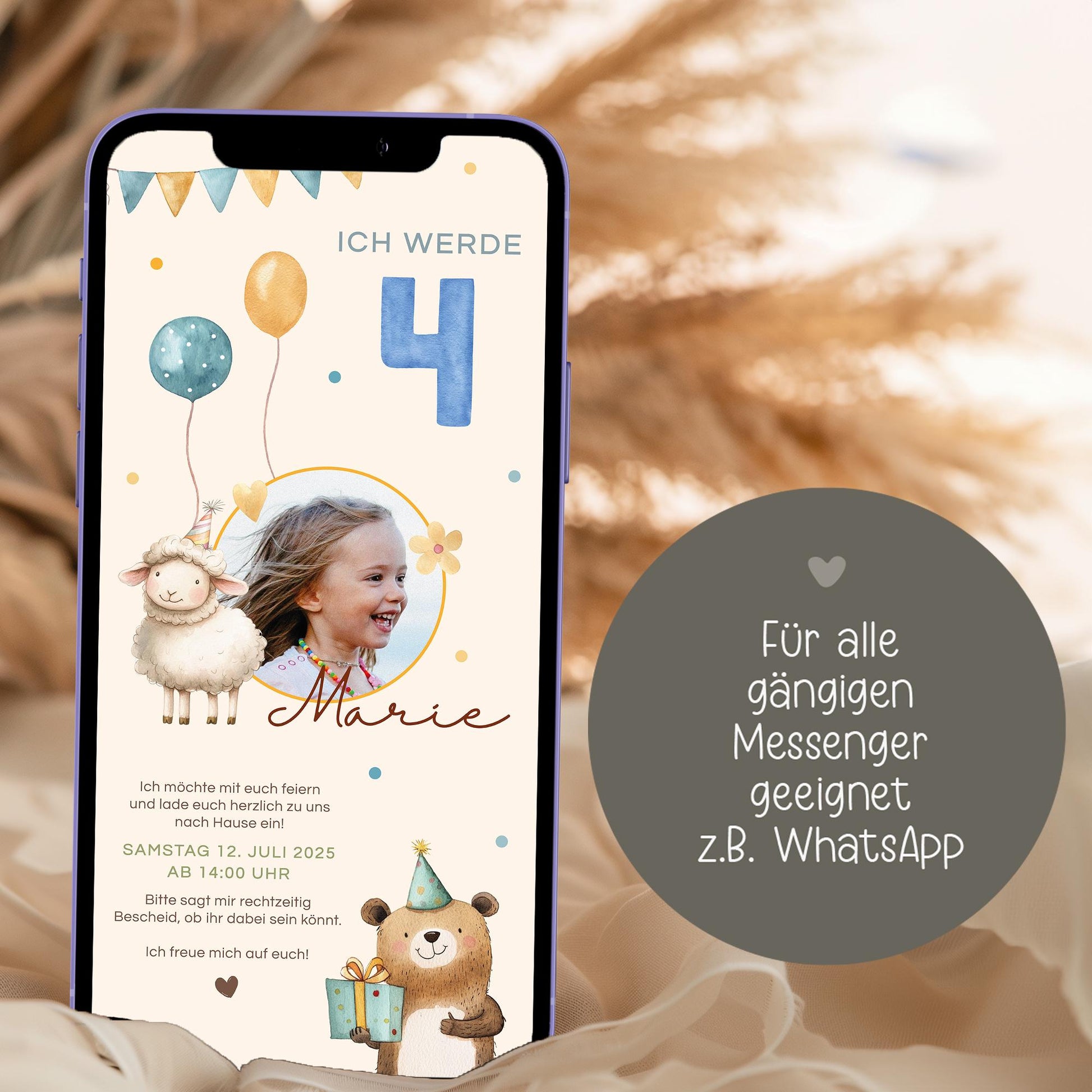 Einladung zum Kindergeburtstag mit Foto, Digitale Einladungskarte Mädchen Junge Luftballon, e-Card Einladung zum Geburtstag WhatsApp,Vorlage kleinebuchstaben