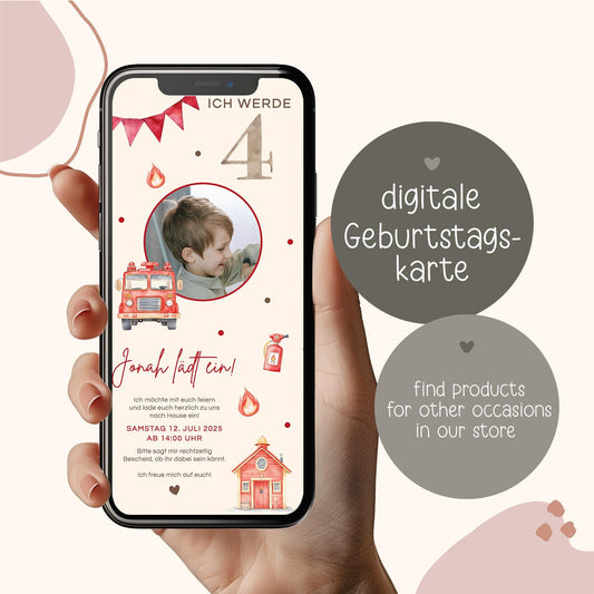 Digitale Einladung Kindergeburtstag Feuerwehr 1 2 3 4 5 6, personalisiert E-Card WhatsApp, Einladung mit Foto, Geburtstagseinladung Vorlage kleinebuchstaben