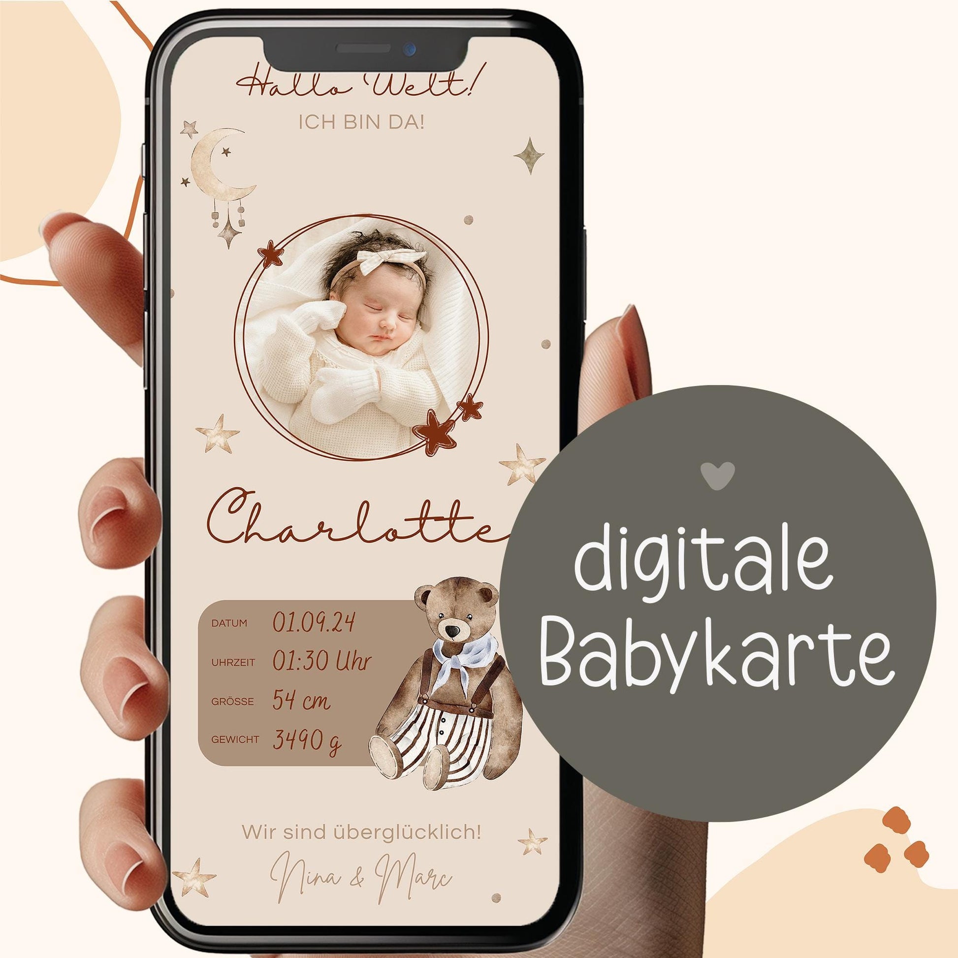 Personalisierte Digitale Geburtsanzeige Baby Neugeborenes Willkommen - Babykarte Whatsapp - Canva-Vorlage - Junge - Mädchen - Whatsapp Ecard kleinebuchstaben