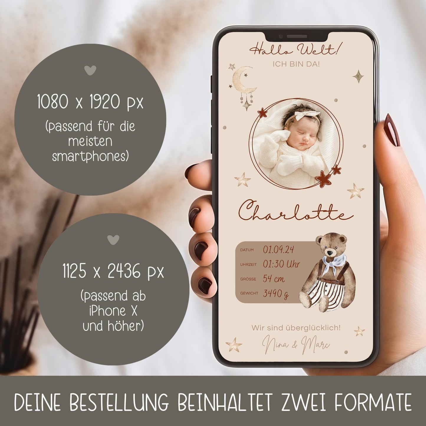 Personalisierte Digitale Geburtsanzeige Baby Neugeborenes Willkommen - Babykarte Whatsapp - Canva-Vorlage - Junge - Mädchen - Whatsapp Ecard kleinebuchstaben