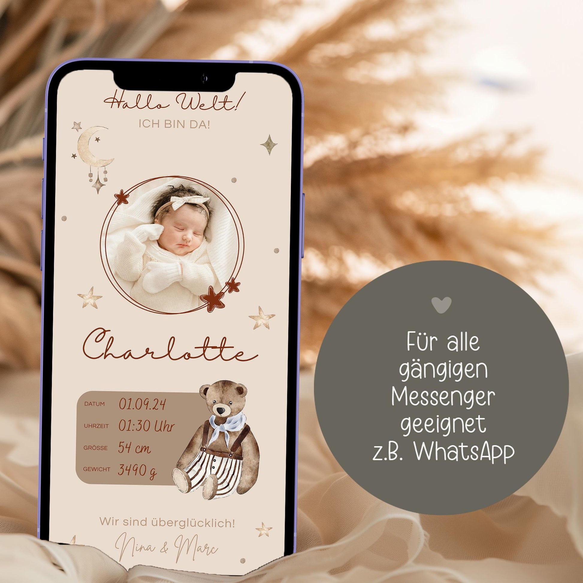 Personalisierte Digitale Geburtsanzeige Baby Neugeborenes Willkommen - Babykarte Whatsapp - Canva-Vorlage - Junge - Mädchen - Whatsapp Ecard kleinebuchstaben