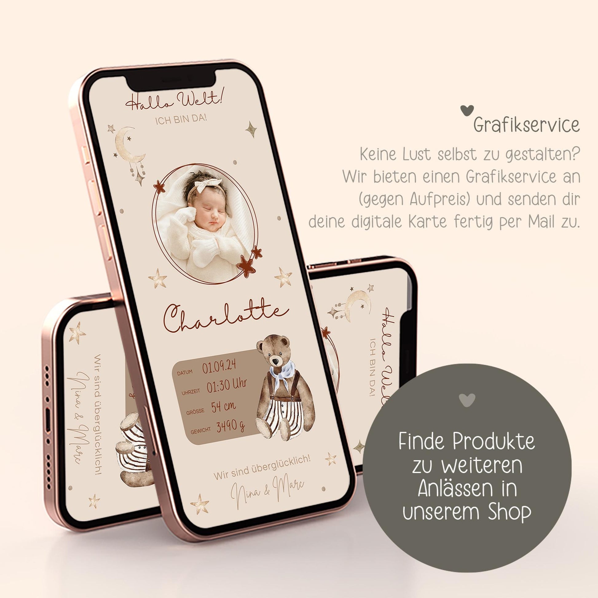 Personalisierte Digitale Geburtsanzeige Baby Neugeborenes Willkommen - Babykarte Whatsapp - Canva-Vorlage - Junge - Mädchen - Whatsapp Ecard kleinebuchstaben