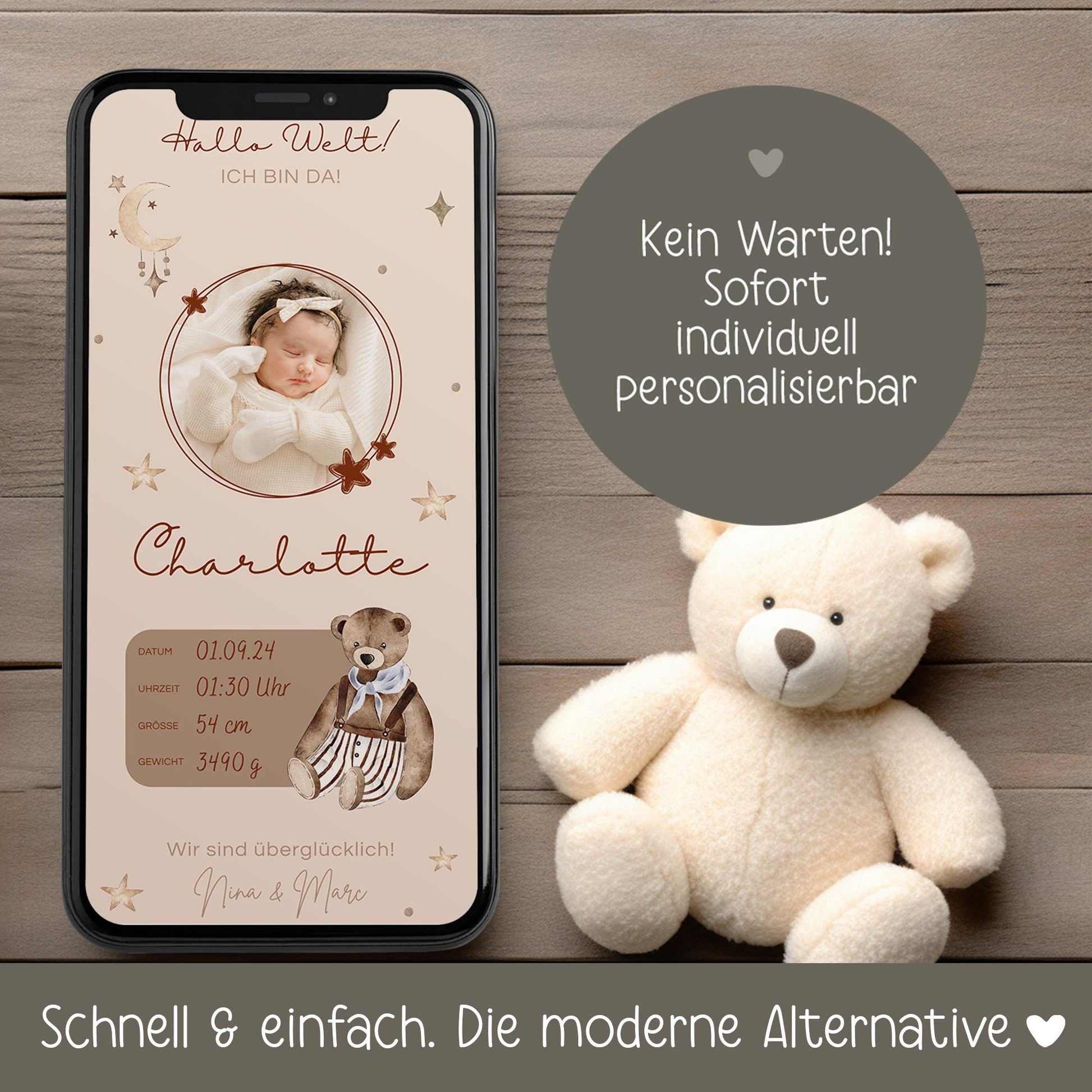 Personalisierte Digitale Geburtsanzeige Baby Neugeborenes Willkommen - Babykarte Whatsapp - Canva-Vorlage - Junge - Mädchen - Whatsapp Ecard kleinebuchstaben