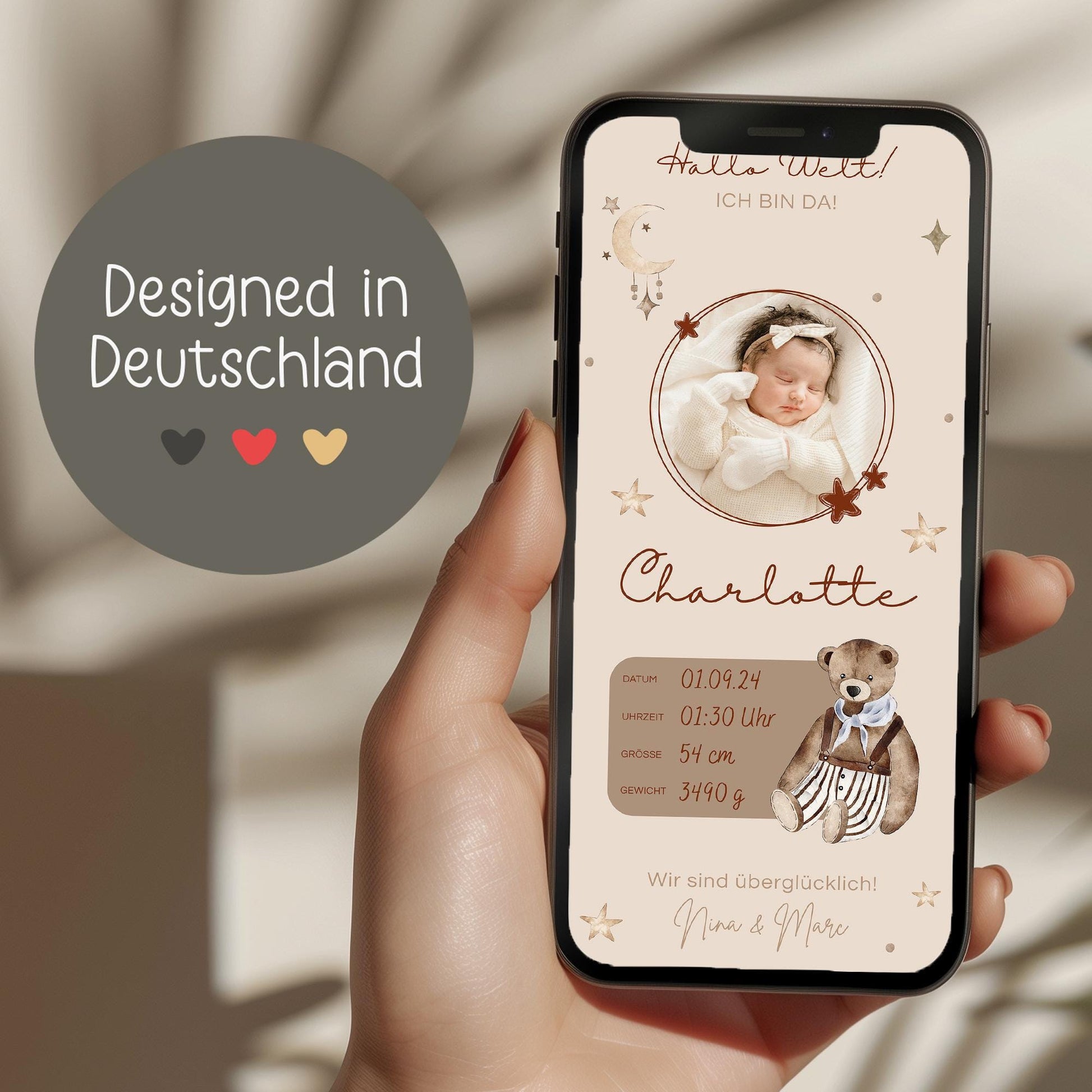 Personalisierte Digitale Geburtsanzeige Baby Neugeborenes Willkommen - Babykarte Whatsapp - Canva-Vorlage - Junge - Mädchen - Whatsapp Ecard kleinebuchstaben