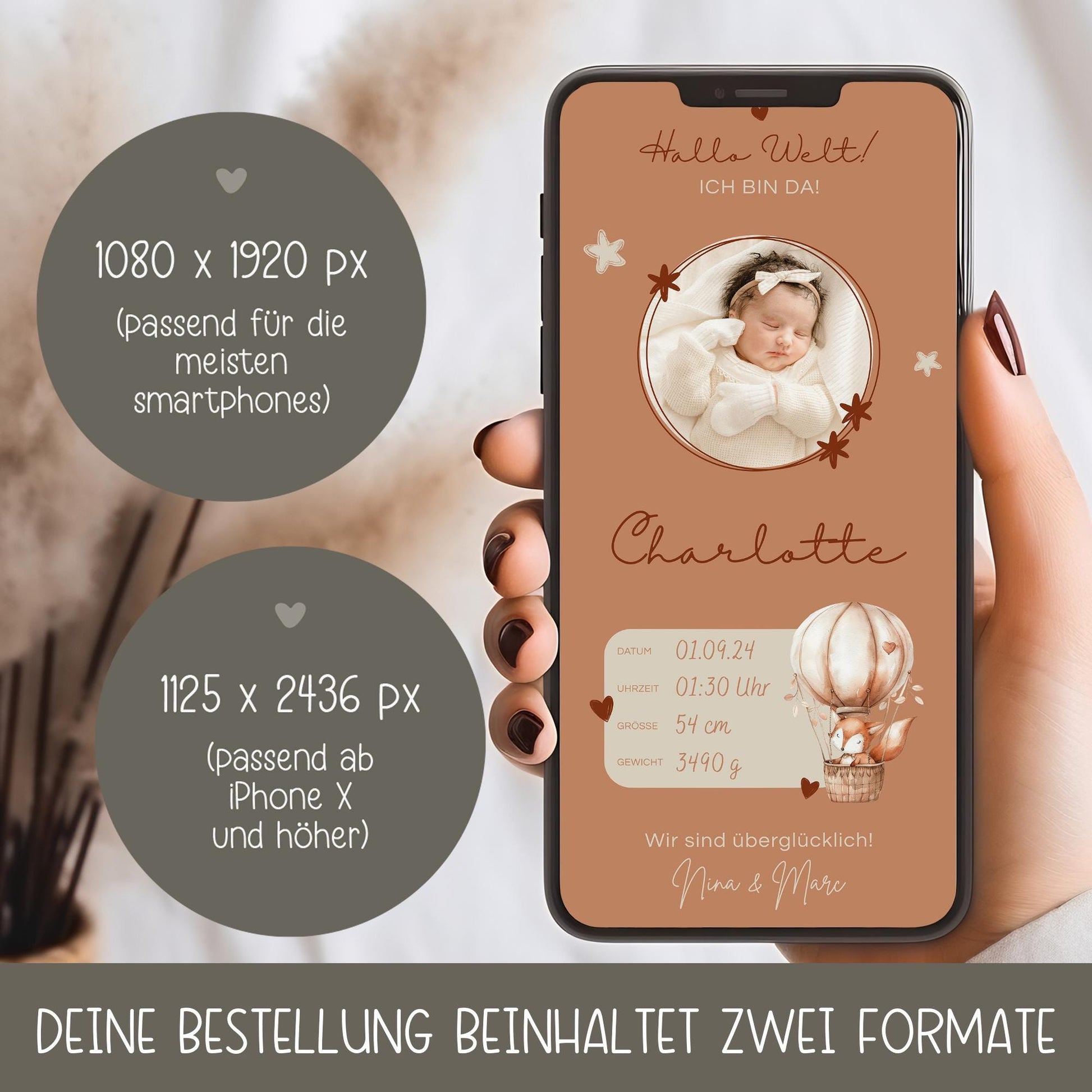 Digitale Geburtsanzeige mit Foto Personalisiert Baby Neugeborenes Willkommen - Babykarte Whatsapp - Canva - Junge - Mädchen - Whatsapp Ecard kleinebuchstaben