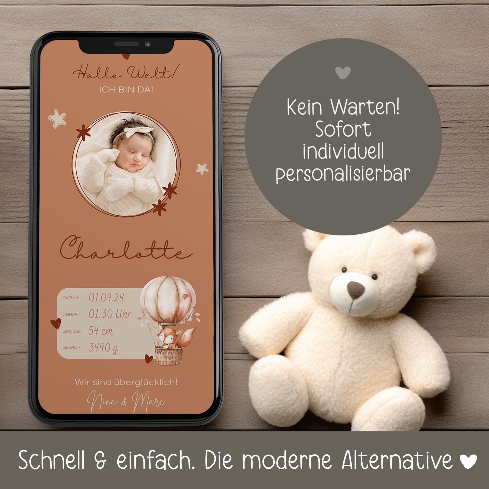 Digitale Geburtsanzeige mit Foto Personalisiert Baby Neugeborenes Willkommen - Babykarte Whatsapp - Canva - Junge - Mädchen - Whatsapp Ecard kleinebuchstaben