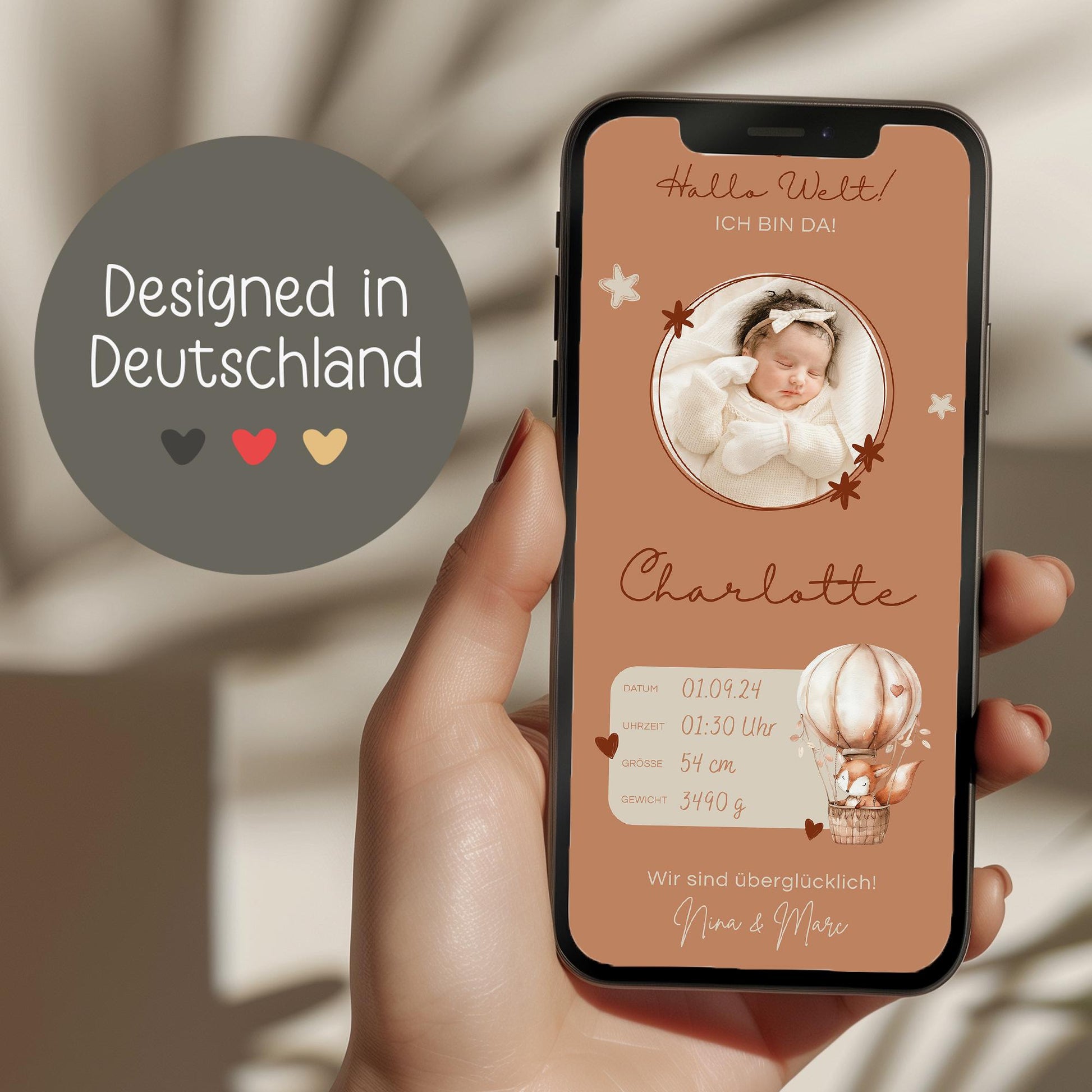 Digitale Geburtsanzeige mit Foto Personalisiert Baby Neugeborenes Willkommen - Babykarte Whatsapp - Canva - Junge - Mädchen - Whatsapp Ecard kleinebuchstaben