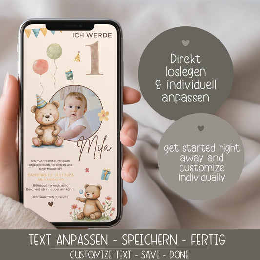 Digitale Einladung Kindergeburtstag Teddybär, personalisierbare E-Card WhatsApp, Einladung Foto Mädchen, Junge, Geburtstagseinladung Vorlage kleinebuchstaben