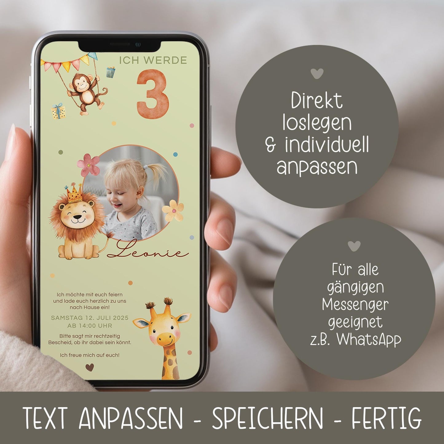 Digitale Einladung Kindergeburtstag 1 2 3 4, personalisierbare E-Card WhatsApp, Einladung Foto Mädchen, Junge, Geburtstagseinladung Vorlage kleinebuchstaben