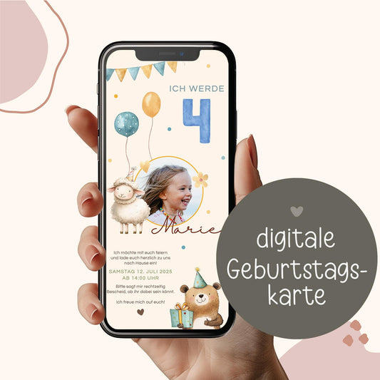 Einladung zum Kindergeburtstag mit Foto, Digitale Einladungskarte Mädchen Junge Luftballon, e-Card Einladung zum Geburtstag WhatsApp,Vorlage kleinebuchstaben