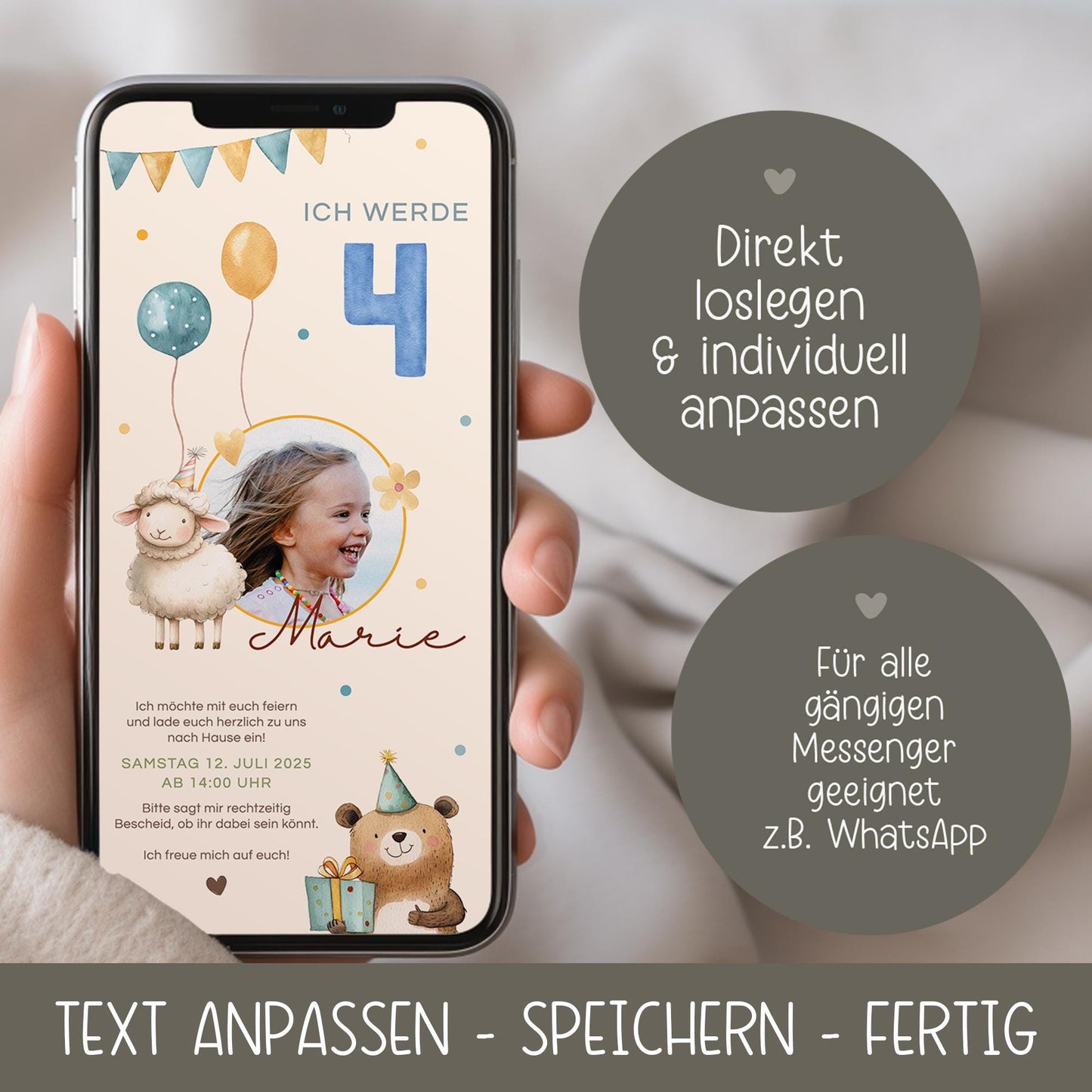 Einladung zum Kindergeburtstag mit Foto, Digitale Einladungskarte Mädchen Junge Luftballon, e-Card Einladung zum Geburtstag WhatsApp,Vorlage kleinebuchstaben