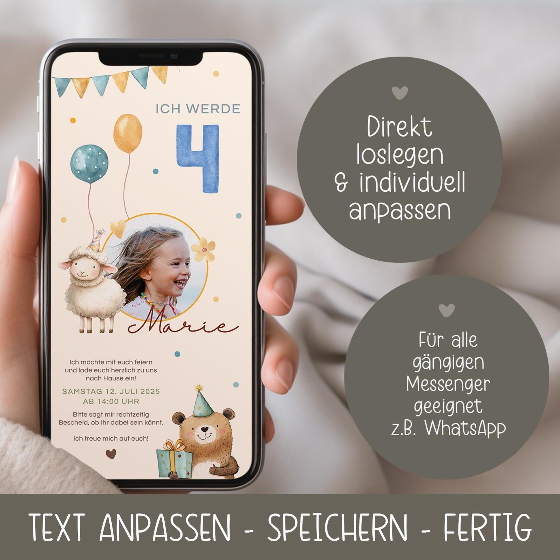 Einladung zum Kindergeburtstag mit Foto, Digitale Einladungskarte Mädchen Junge Luftballon, e-Card Einladung zum Geburtstag WhatsApp,Vorlage kleinebuchstaben