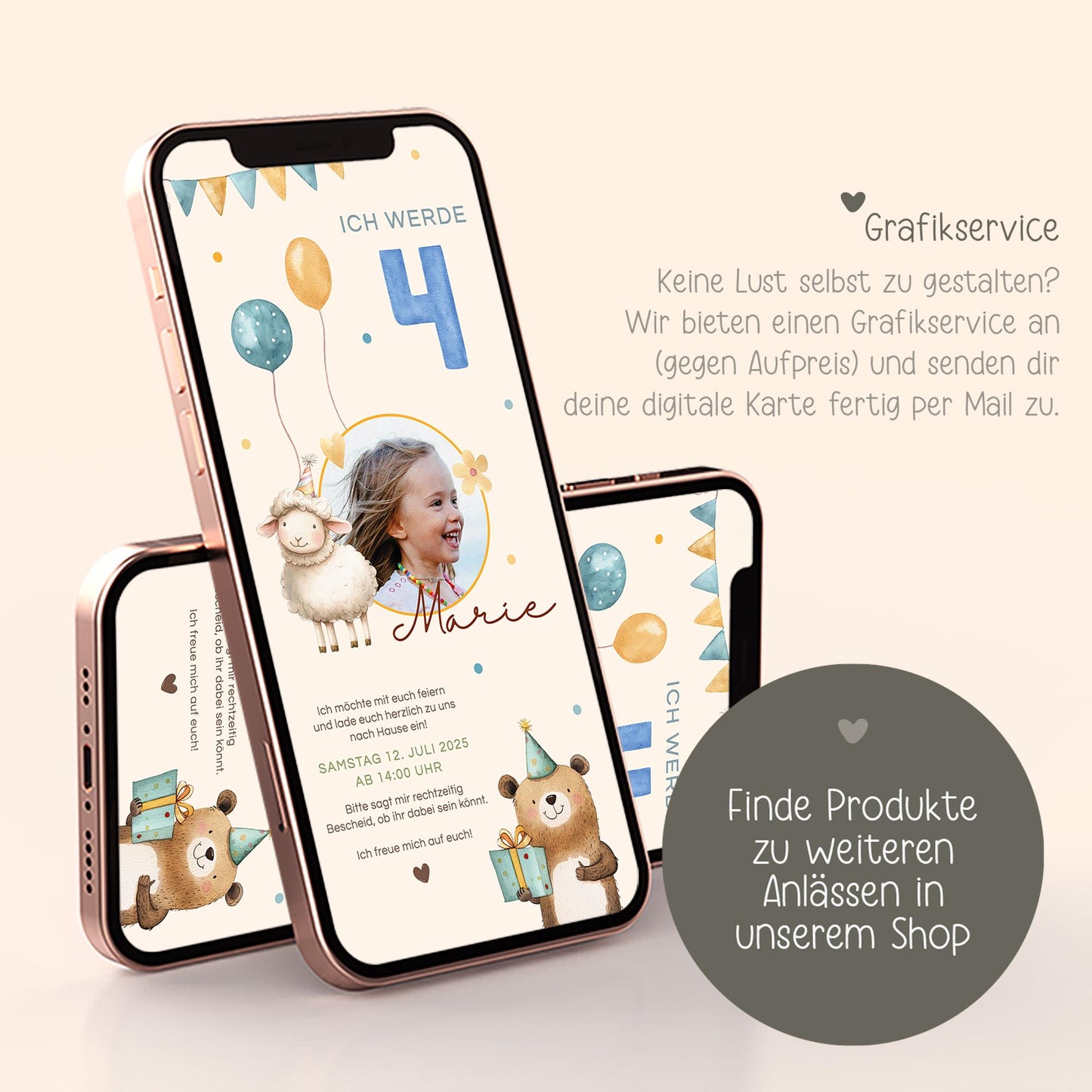 Einladung zum Kindergeburtstag mit Foto, Digitale Einladungskarte Mädchen Junge Luftballon, e-Card Einladung zum Geburtstag WhatsApp,Vorlage kleinebuchstaben