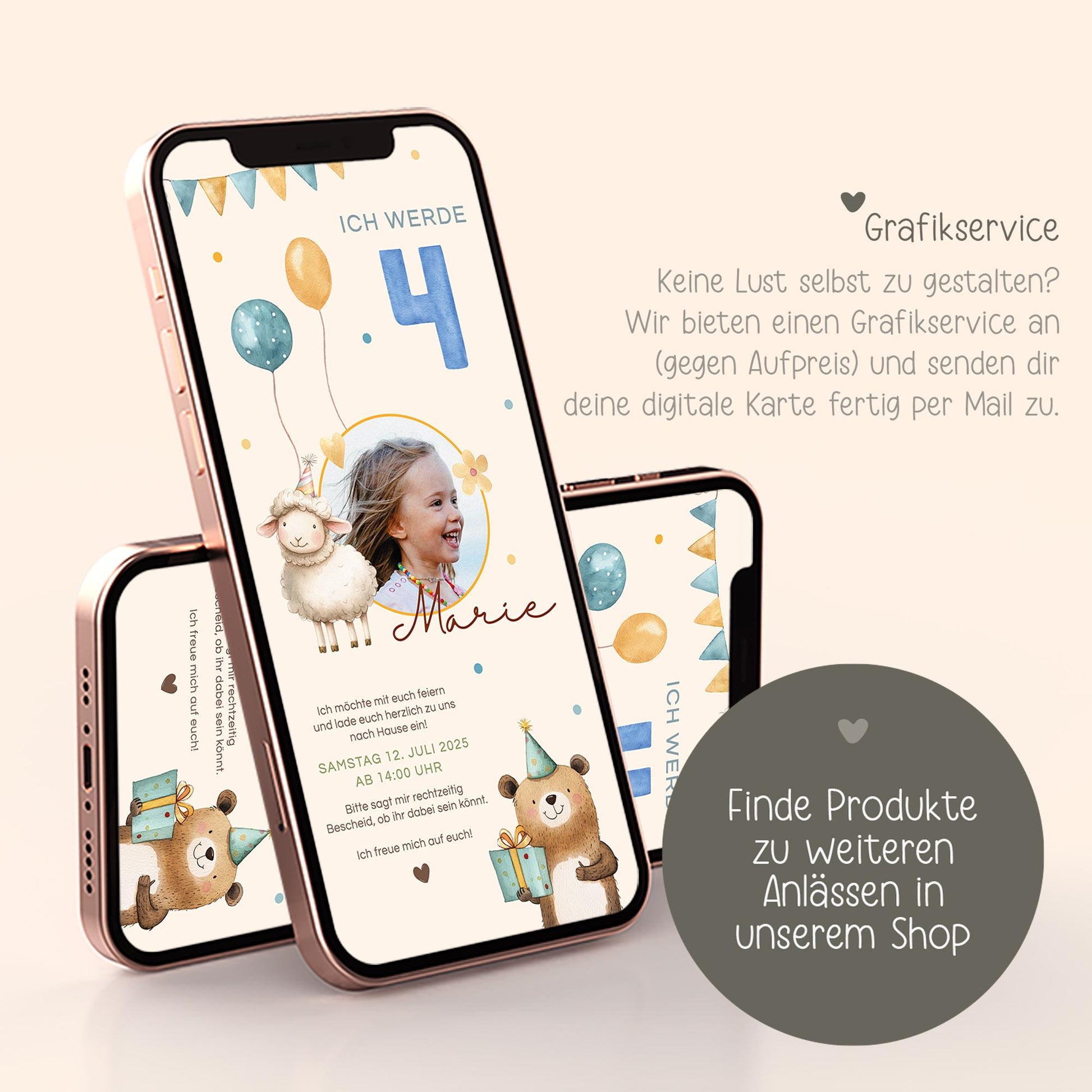 Einladung zum Kindergeburtstag mit Foto, Digitale Einladungskarte Mädchen Junge Luftballon, e-Card Einladung zum Geburtstag WhatsApp,Vorlage kleinebuchstaben