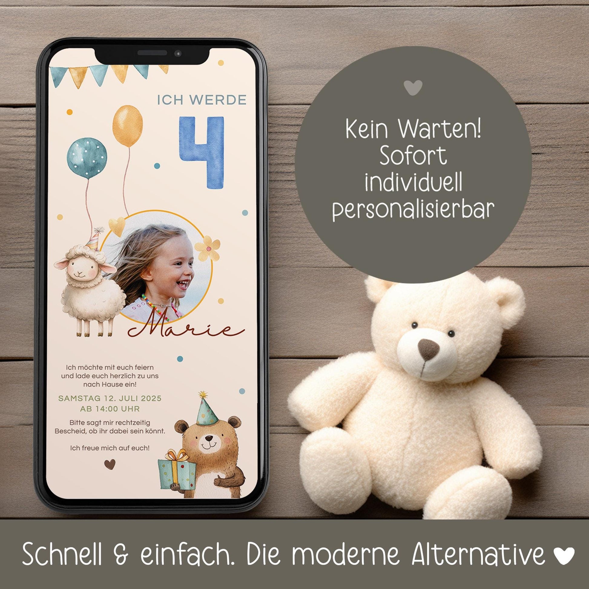 Einladung zum Kindergeburtstag mit Foto, Digitale Einladungskarte Mädchen Junge Luftballon, e-Card Einladung zum Geburtstag WhatsApp,Vorlage kleinebuchstaben