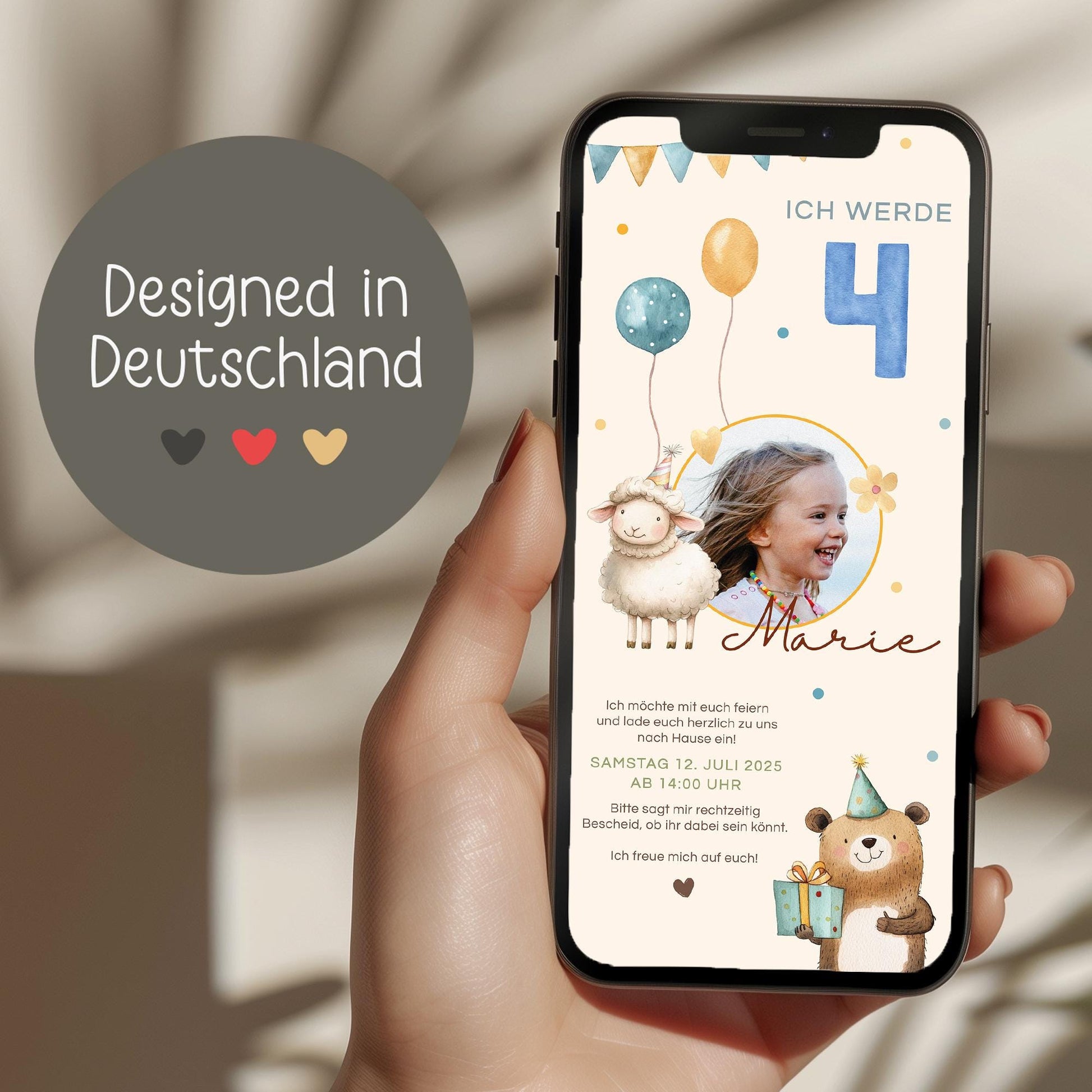 Einladung zum Kindergeburtstag mit Foto, Digitale Einladungskarte Mädchen Junge Luftballon, e-Card Einladung zum Geburtstag WhatsApp,Vorlage kleinebuchstaben