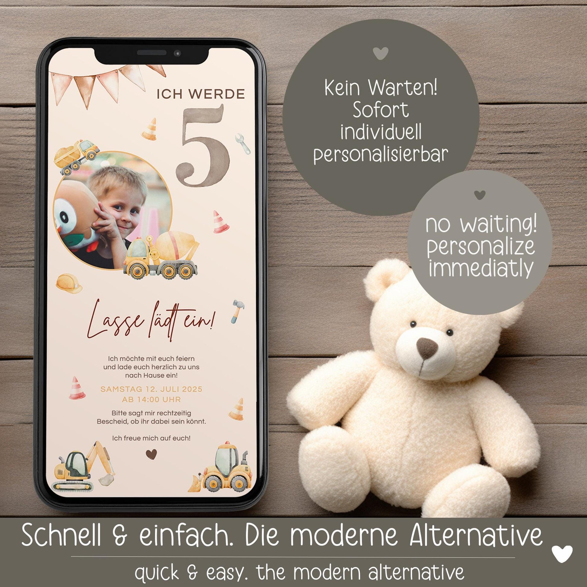 Digitale Einladung Kindergeburtstag 1 2 3 4, personalisierbare E-Card WhatsApp, Einladung Foto Mädchen, Junge, Geburtstagseinladung Vorlage kleinebuchstaben