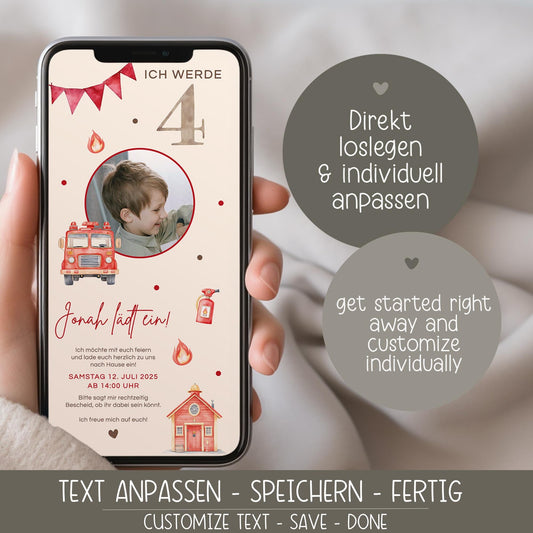 Digitale Einladung Kindergeburtstag Feuerwehr 1 2 3 4 5 6, personalisiert E-Card WhatsApp, Einladung mit Foto, Geburtstagseinladung Vorlage kleinebuchstaben