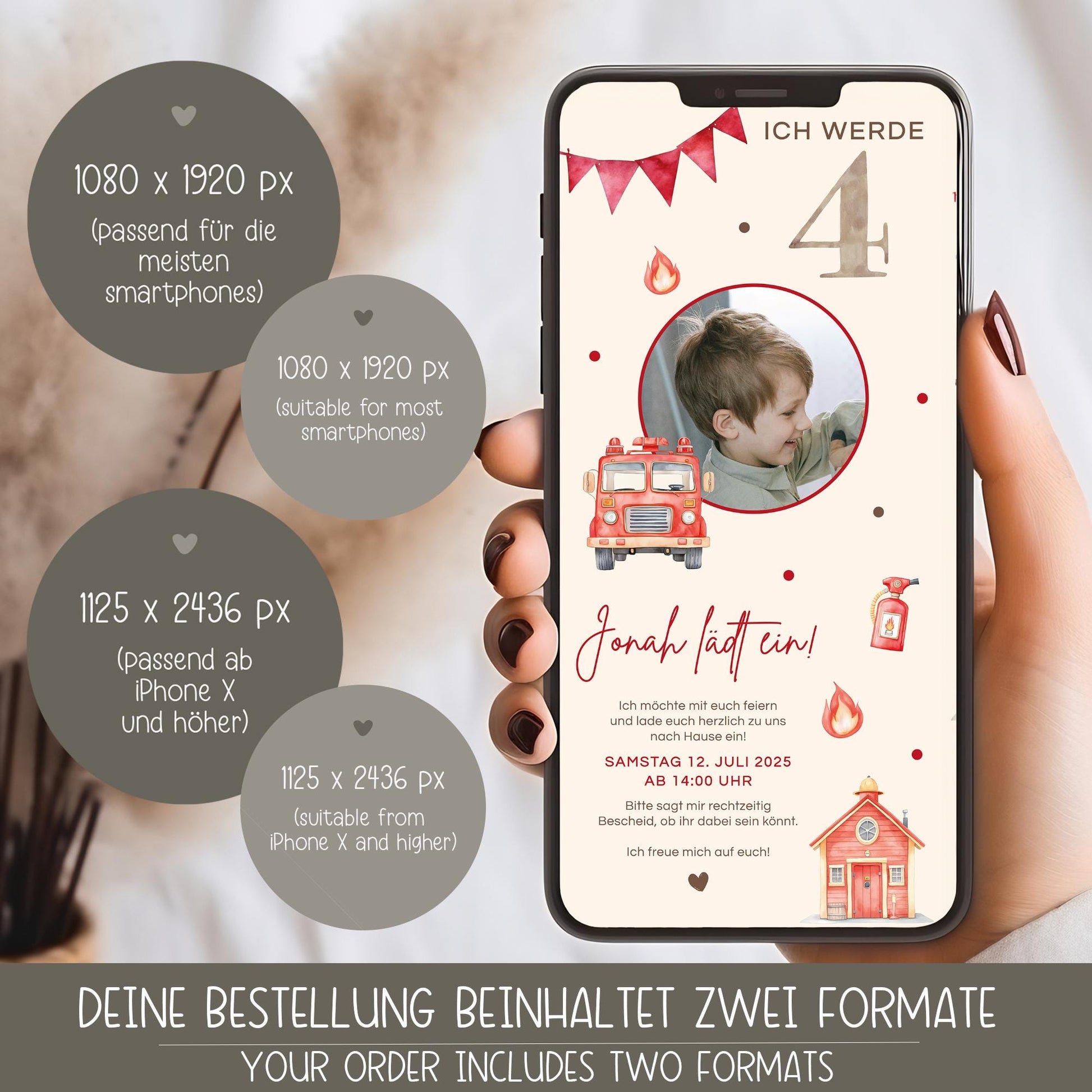 Digitale Einladung Kindergeburtstag Feuerwehr 1 2 3 4 5 6, personalisiert E-Card WhatsApp, Einladung mit Foto, Geburtstagseinladung Vorlage kleinebuchstaben