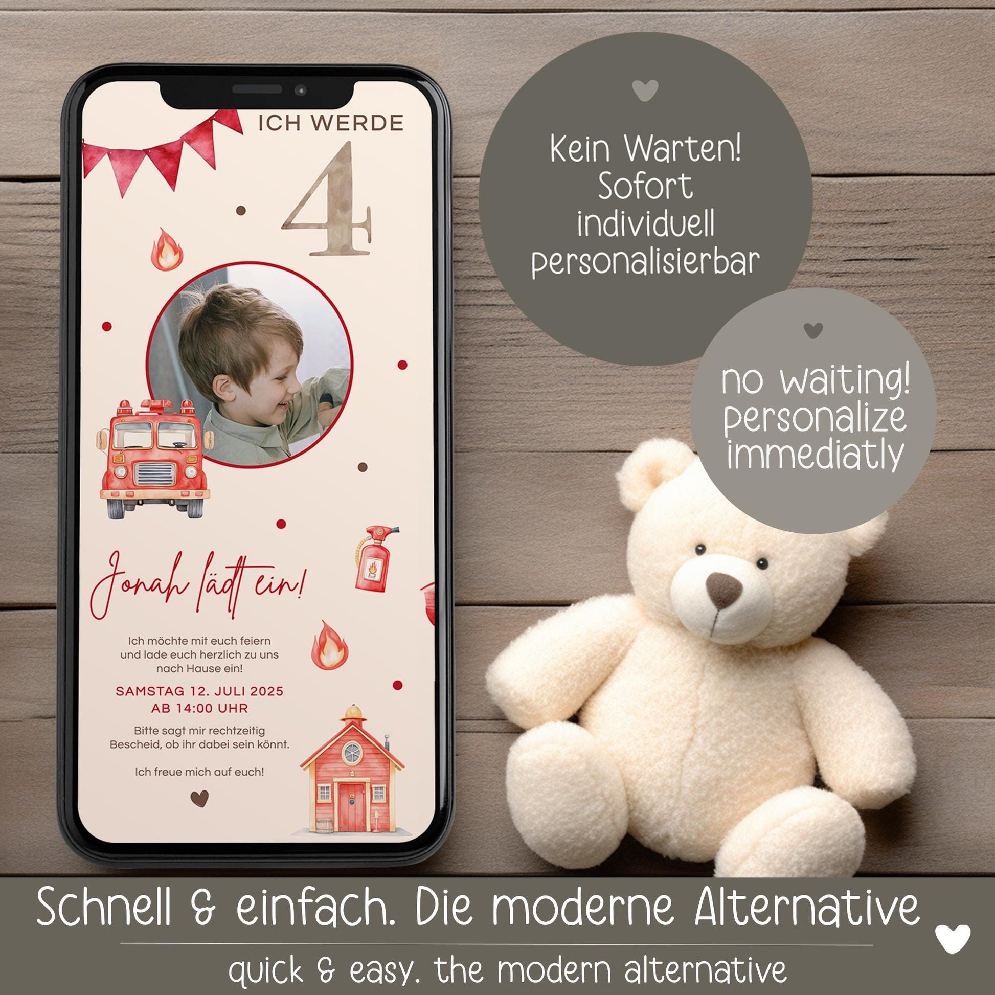 Digitale Einladung Kindergeburtstag Feuerwehr 1 2 3 4 5 6, personalisiert E-Card WhatsApp, Einladung mit Foto, Geburtstagseinladung Vorlage kleinebuchstaben