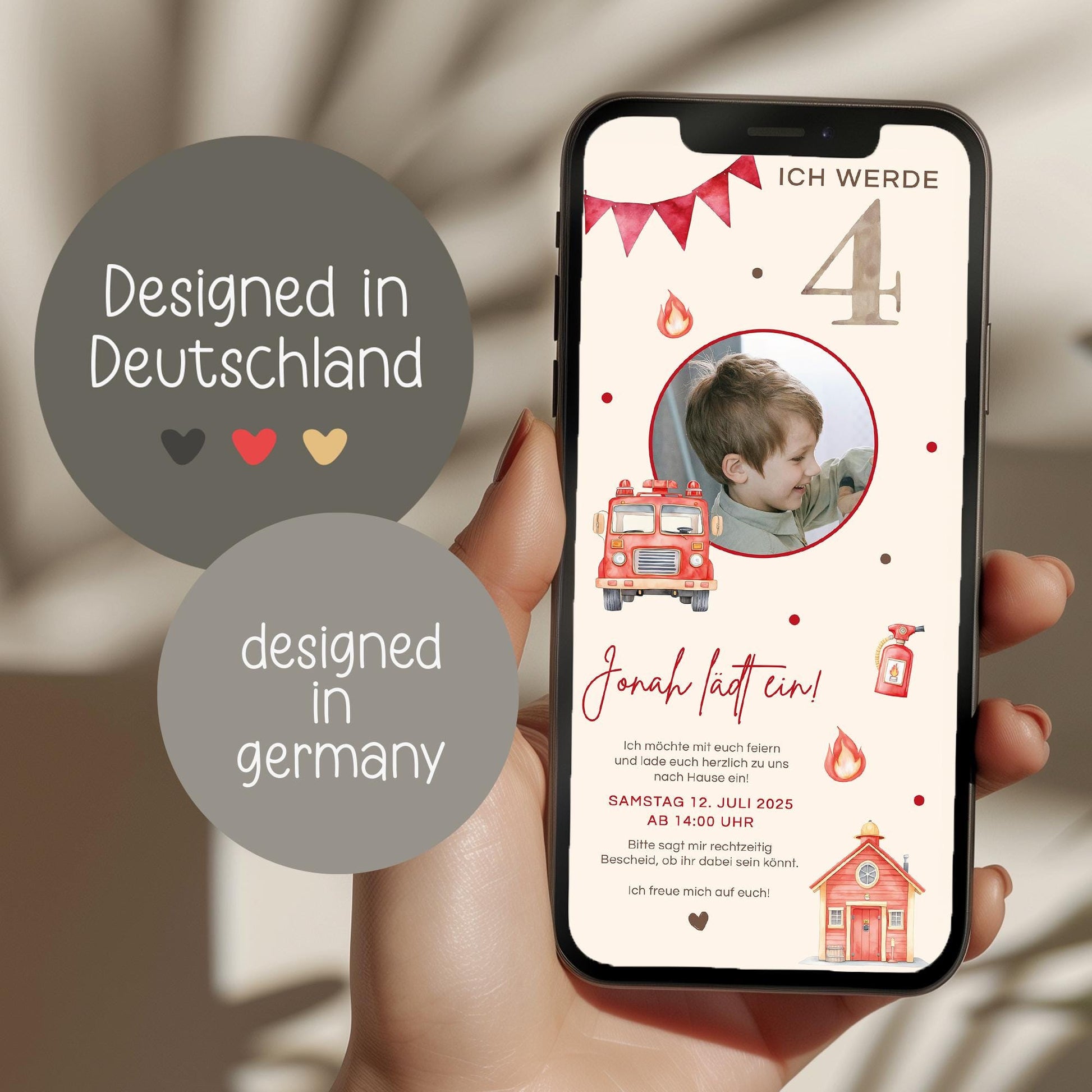 Digitale Einladung Kindergeburtstag Feuerwehr 1 2 3 4 5 6, personalisiert E-Card WhatsApp, Einladung mit Foto, Geburtstagseinladung Vorlage kleinebuchstaben
