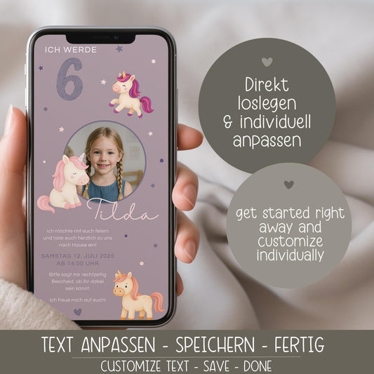 Digitale Einladung Kindergeburtstag Einhorn personalisierbare E-Card WhatsApp Mädchen Foto Canva Vorlage 1 2 3 4 5 6 7 Jahre kleinebuchstaben
