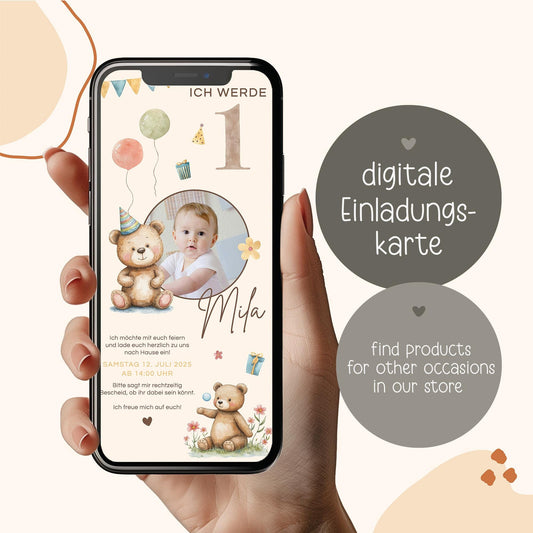 Digitale Einladung Kindergeburtstag Teddybär, personalisierbare E-Card WhatsApp, Einladung Foto Mädchen, Junge, Geburtstagseinladung Vorlage kleinebuchstaben