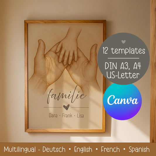 Personalisiertes Familienposter mit Händen – digitales Geschenk für Mama, Papa & Kinder | A4 A3 US Letter | 12 Designs | Canva-Vorlage kleinebuchstaben