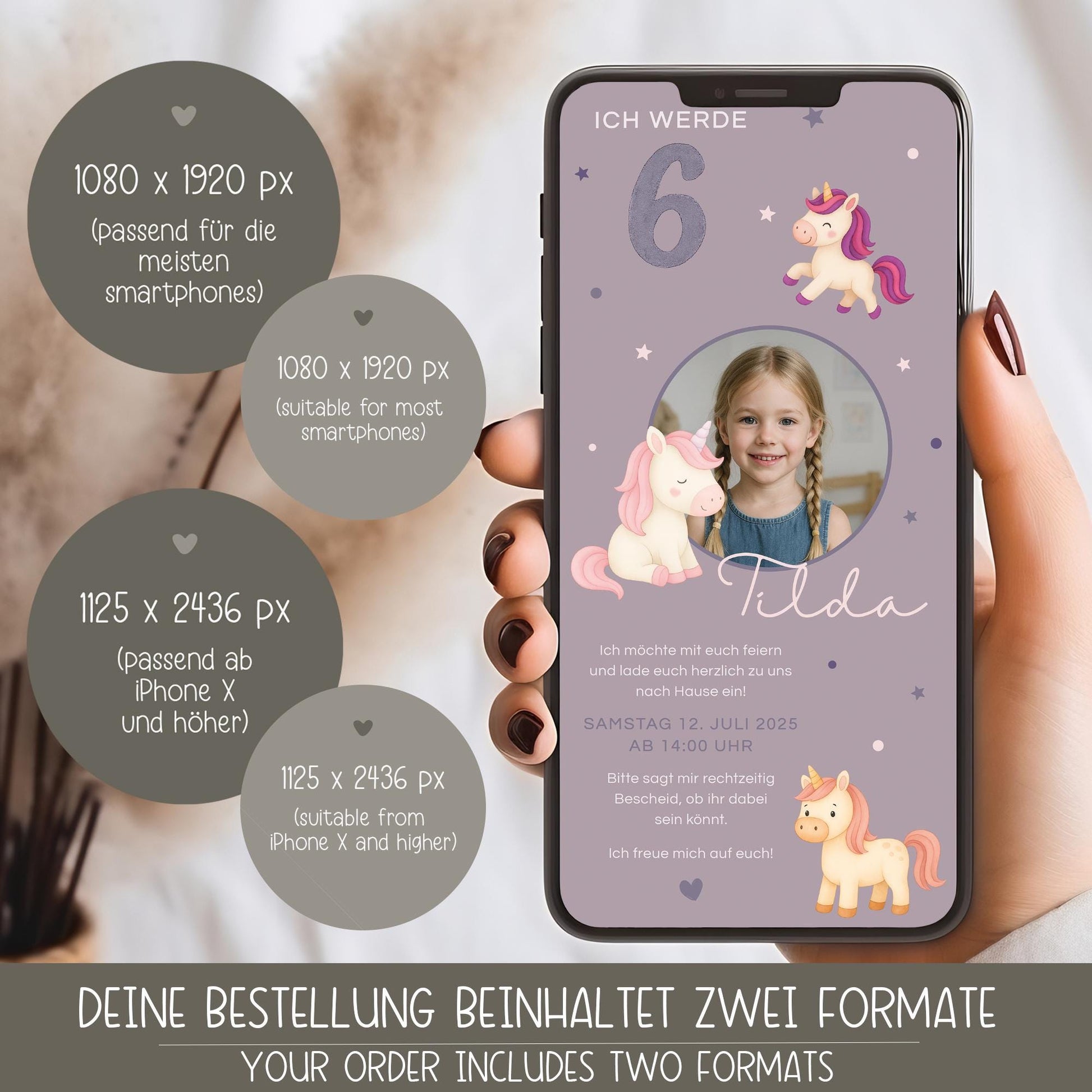Digitale Einladung Kindergeburtstag Einhorn personalisierbare E-Card WhatsApp Mädchen Foto Canva Vorlage 1 2 3 4 5 6 7 Jahre kleinebuchstaben