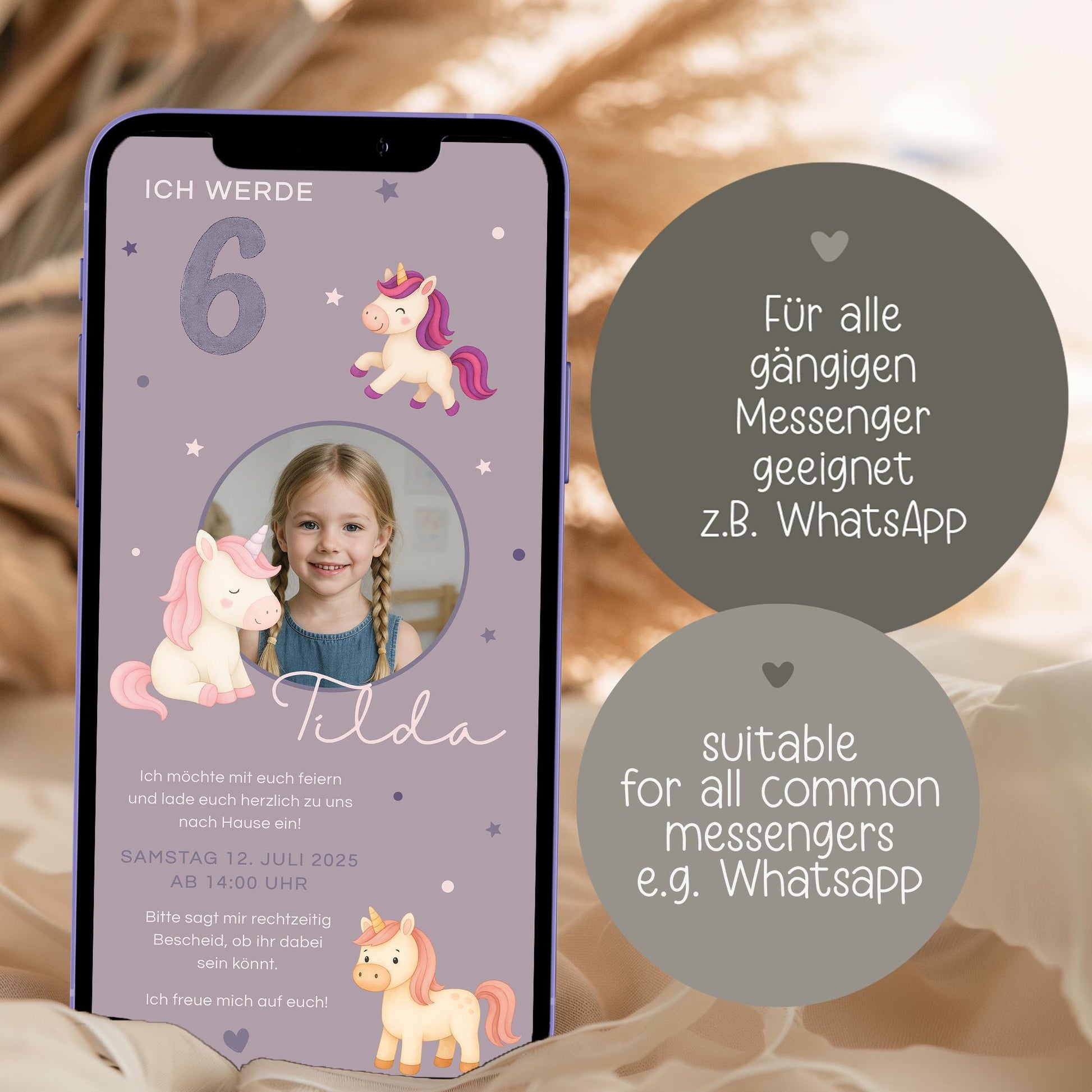 Digitale Einladung Kindergeburtstag Einhorn personalisierbare E-Card WhatsApp Mädchen Foto Canva Vorlage 1 2 3 4 5 6 7 Jahre kleinebuchstaben