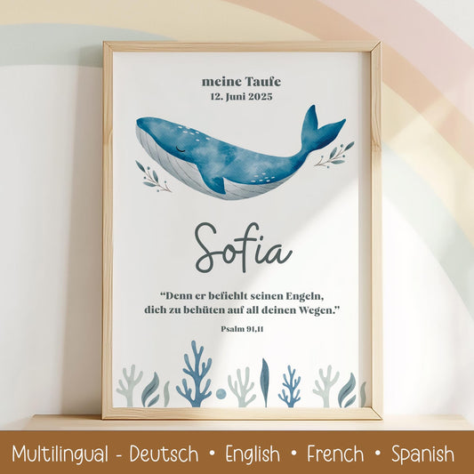 Individuell anpassbares Taufposter Wal – online bearbeiten & sofort downloaden. Perfektes Geschenk zur Taufe - DIN A6 A5 A3 A2 US Letter kleinebuchstaben