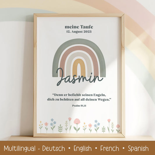 Taufposter Regenbogen – Sofort-Download | Digitales Kinderzimmerbild | Format: DIN A6, A5, A3, A2, US Letter | 30x45, 40x60, 50x75, 60x90 kleinebuchstaben