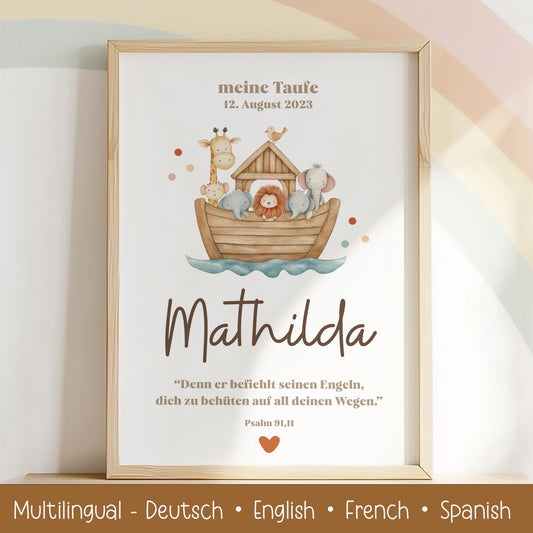 Personalisierbares Taufposter Arche Noah – Sofort-Download | Digitales Kinderzimmerbild | Format: DIN A6, A5, A3, A2, US Letter | Canva kleinebuchstaben