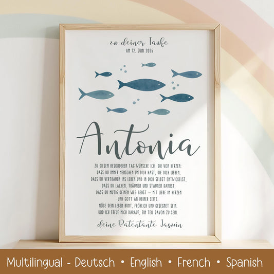 Taufposter Fische Patenbrief – Sofort-Download | Personalisiert Taufbrief | Formate: A6, A5, A3, A2, US Letter | 30x45, 40x60, 50x75, 60x90 kleinebuchstaben