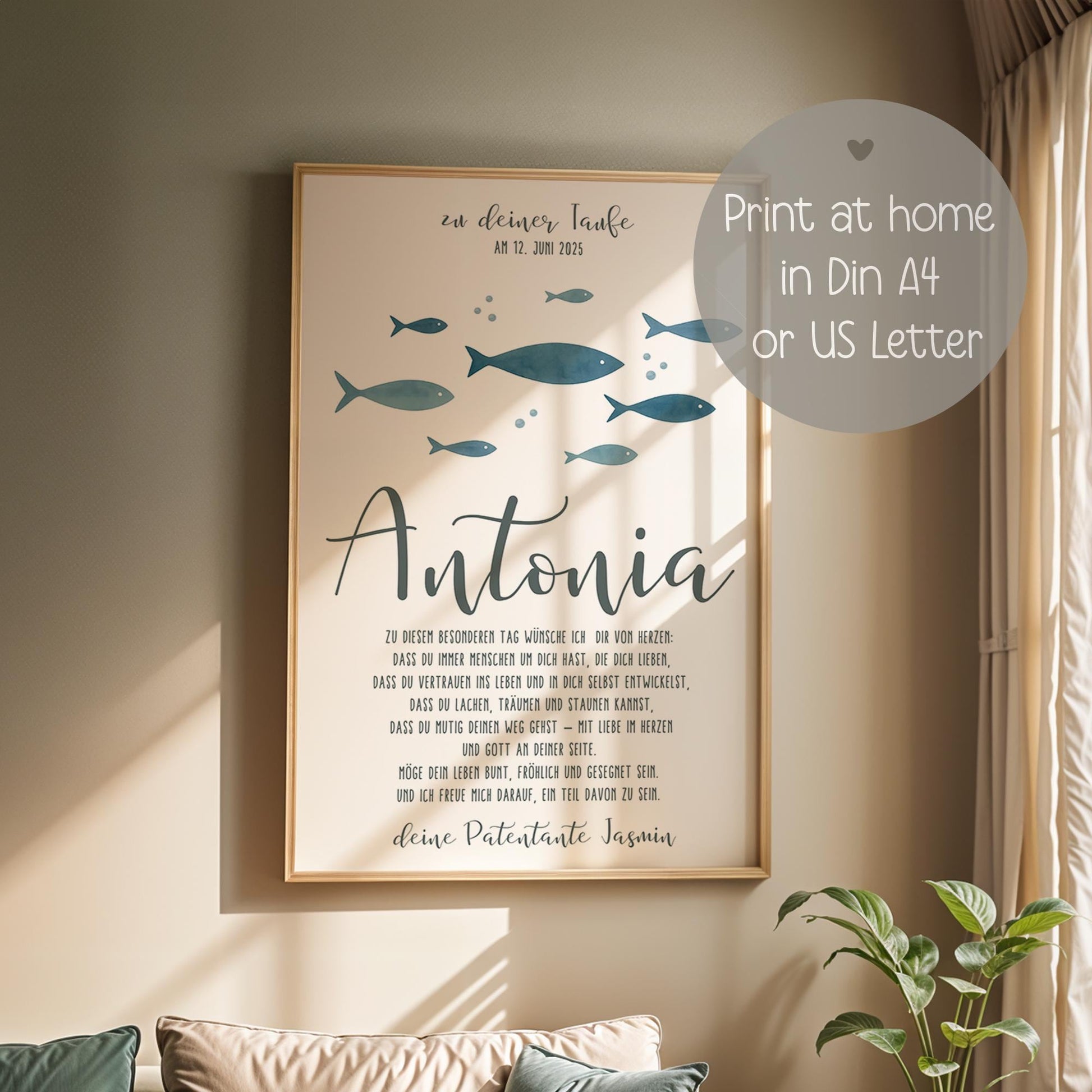 Taufposter Fische Patenbrief – Sofort-Download | Personalisiert Taufbrief | Formate: A6, A5, A3, A2, US Letter | 30x45, 40x60, 50x75, 60x90 kleinebuchstaben