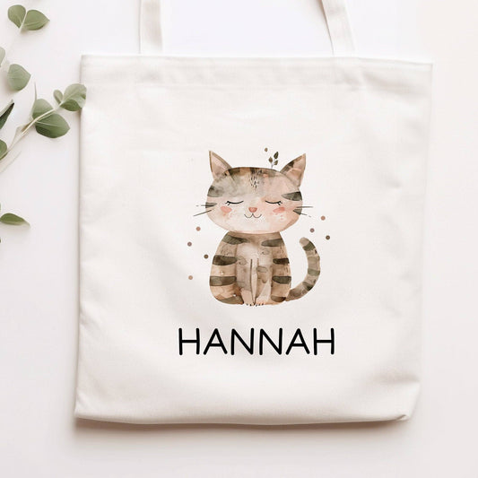 Kinder-Beutel mit Namen personalisiert - Katze - Stofftasche als Sporttasche, Wechselwäsche, Tragetasche - Kita, Kiga, Schule & Kindergarten  kleinebuchstaben   