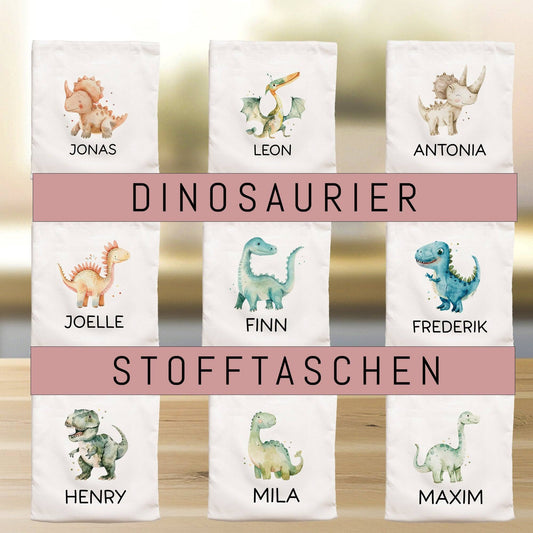 Kinder-Beutel Stoffbeutel Dinosaurier Dino Wunschname Stofftasche Tasche personalisiert als Sporttasche, Wechselwäsche, Schule, Kindergarten  kleinebuchstaben   