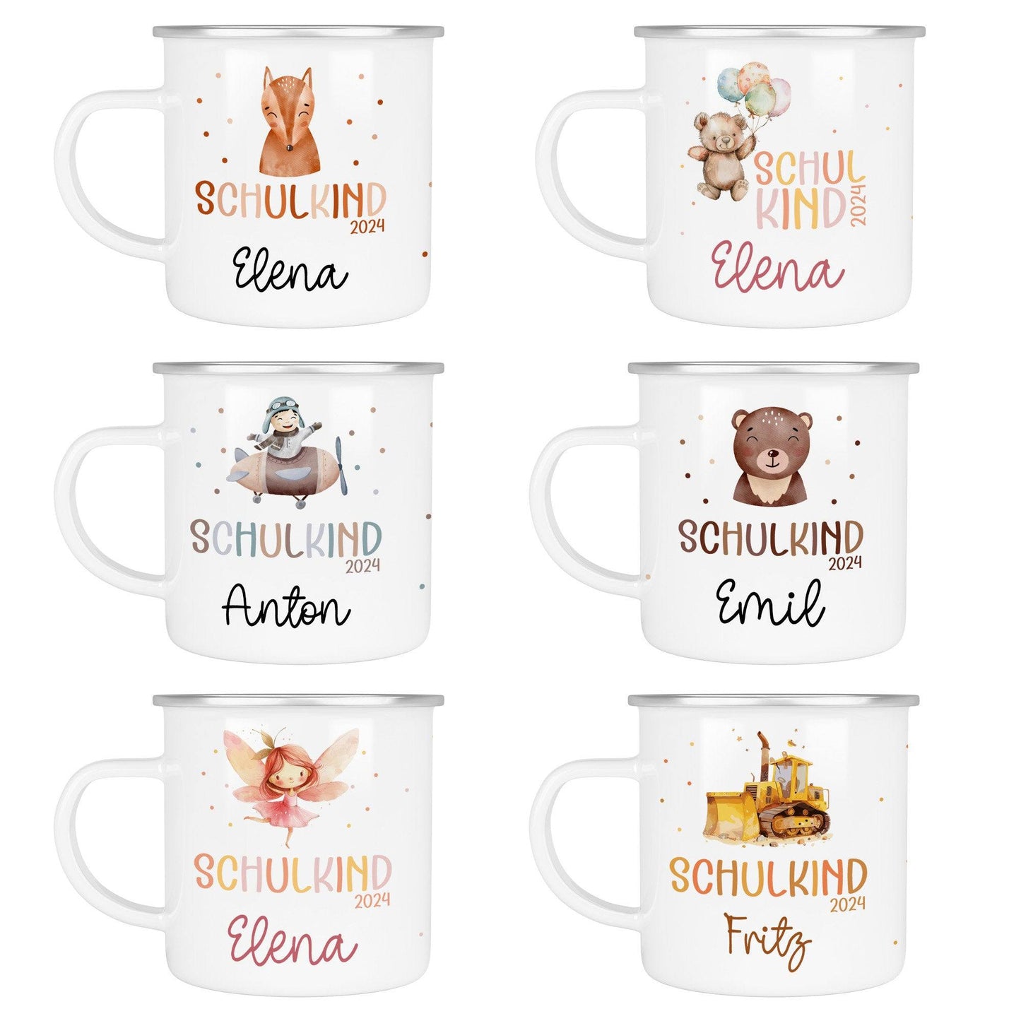 Kindertasse Schulkind Schulanfang Name Emaille Tasse Kind Kindergeschirr personalisiert Kinder Fuchs Bär Flugzeug Fee Bagger Ballerina  kleinebuchstaben   