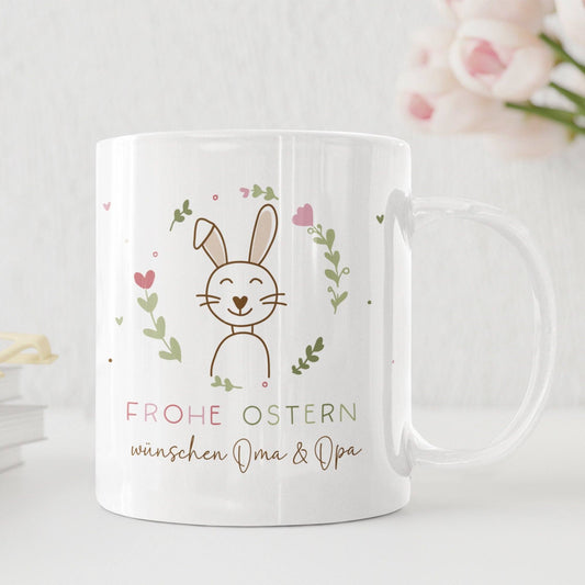 Ostertasse personalisiert mit Namen Frohe Ostern Hase  Ostergeschenk für Kinder Männer Frauen Geschenkidee zu Ostern. Geschenk Tasse  kleinebuchstaben mit Herzen - Weiß  