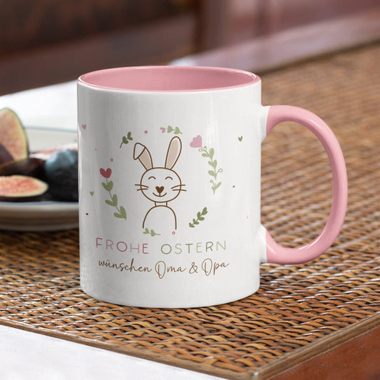 Ostertasse personalisiert mit Namen "Frohe Ostern" - Hase, Ostergeschenk für Kinder Männer Frauen Geschenkidee zu Ostern. Geschenk Tasse  kleinebuchstaben mit Herzen - Rosa  