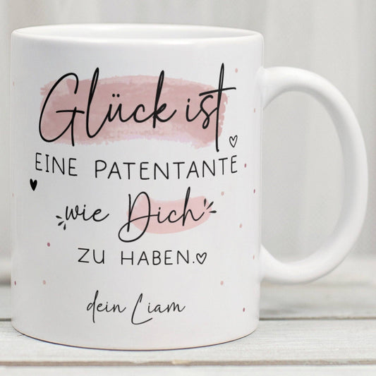 Patentante Tasse Personalisiert Name Wunschname "Glück ist" - Geschenk zum Geburtstag, Ostern, Weihnachten  kleinebuchstaben Patentante - Weiß  