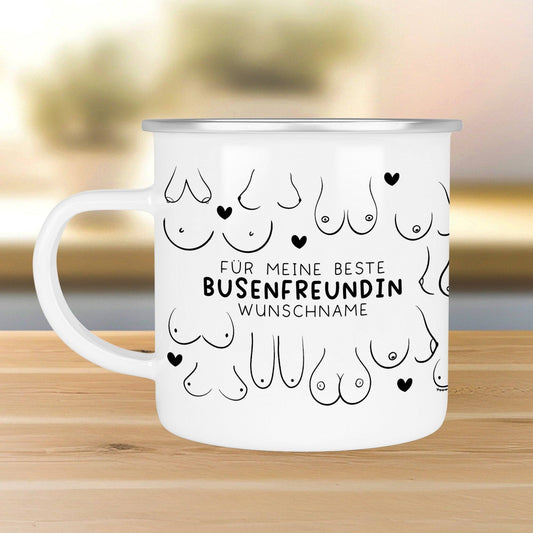 Personalisierte Busenfreundin Emaille Tasse Becher mit eigenen Namen oder Wunschnamen | Für die beste Freundin - BFF - liebste Freundin  kleinebuchstaben Silber  