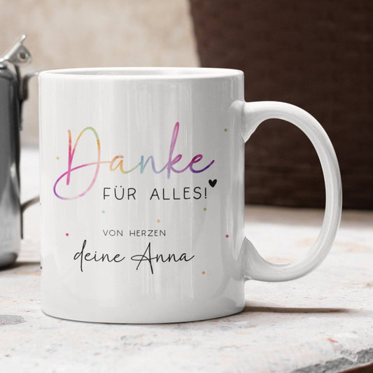 Personalisierte Danke für alles Tasse -mit eigenen Wunschtext. Kaffee-Tasse Dankeschön-Geschenke Vatertag Muttertag Geburtstag Erzieher  kleinebuchstaben Innen& Henkel - Weiß  