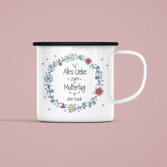 Personalisierte Emaille-Becher Tasse zum Muttertag –"Alles Liebe zum Muttertag [Wunschname]. Persönliches Geschenk zum Geburtstag,Dankeschön  kleinebuchstaben Emaille Schwarz Rand  