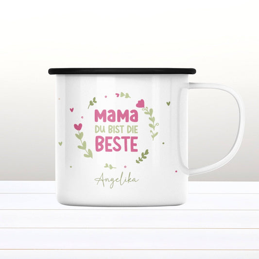 Personalisierte Emaille-Becher Tasse zum Muttertag – "Mama du bist die Beste" [Wunschname]. Persönliches Geschenk zum Geburtstag,Dankeschön.  kleinebuchstaben   