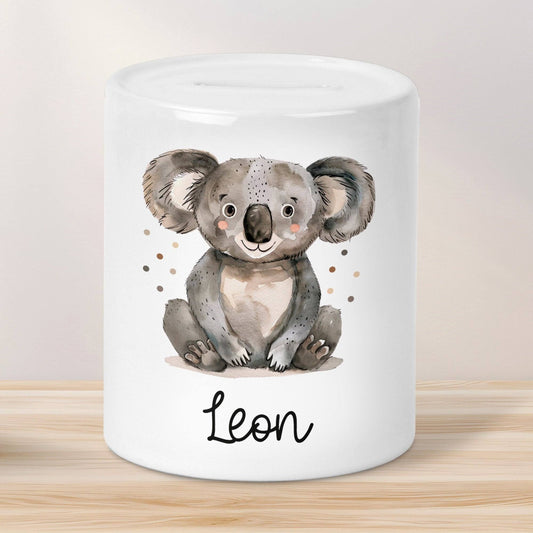 Personalisierte Kinder Spardose Koala Tier mit Namen optional mit Datum - Braun - Geschenk für Junge & Mädchen zum Geburtstag Weihnachten  kleinebuchstaben Spardose Koala 