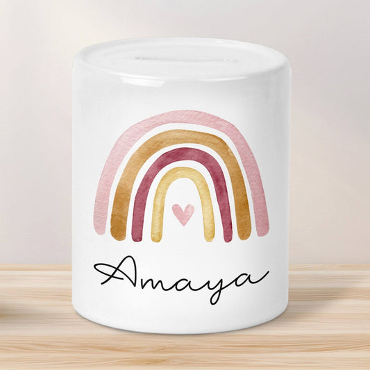 Personalisierte Kinder Spardose Regenbogen Aquarell mit Namen und Datum - Orange - Geschenk für Mädchen zum Geburtstag Weihnachten Firmung  kleinebuchstaben   