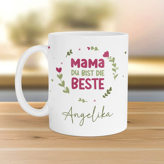 Personalisierte Muttertag Kaffee Tasse "Mama du bist die Beste [Wunschname]" – Geschenk für Geburtstag, Dankeschön und Weihnachten - Weiß  kleinebuchstaben Innen & Henkel -Weiß  