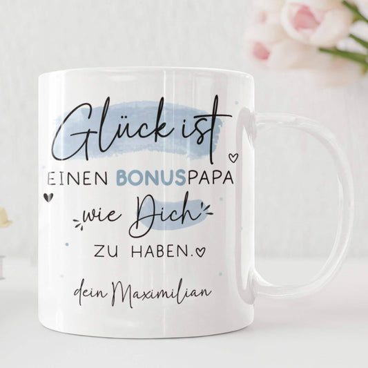 Personalisierte Tasse Bonuspapa zum Vatertag - Geburtstag - Kaffeetasse mit Wunschnamen. Geschenk, Vatertags Geschenk, Weihnachtsgeschenk  kleinebuchstaben Bonuspapa Innen & Henkel - Weiß  