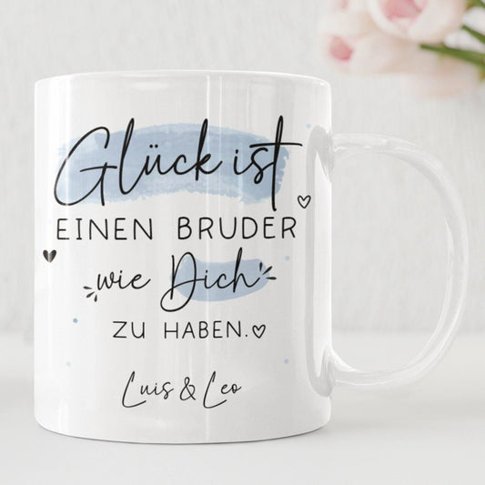 Personalisierte Tasse Bruder Name mit Spruch "Glück ist einen Bruder wie dich zu haben" zum Geburtstag, Geschenk, Ostern, Weihnachtsgeschenk,Wunschnamen  kleinebuchstaben   